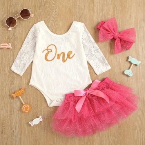 2021 Baby Clothes Girls Lace Letter Bodysuit Top Tutu Skirt Headband Infant Clothing