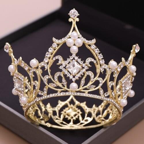 Big Round Tiaras And Crowns Elegant Pearls Crystal Diadem Bridal Headdress Queen Princess Wedding Hair Accessories Head Jewelry