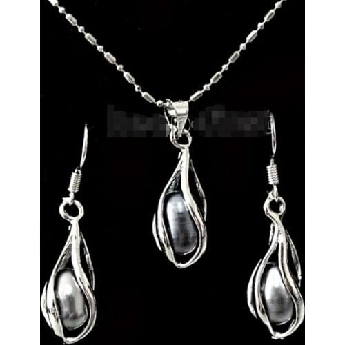 Women Gift word Love shipping New style Natural noble jewelry 7-8mm black freshwater pearl jewelery set necklace & e