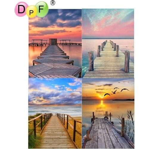 DPF 5D DIY Diamond Painting Full Square/Round Drill "Sunset wooden bridg" Embroidery Cross Stitch needlework Home Gift Art Decor