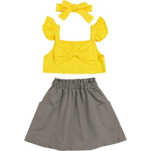 Girls Clothing Sets New Summer Solid Sleeveless T-shirt+Pocket Skirt+Headband 3Pcs for Kids Clothing Sets Baby Clothes Outfits