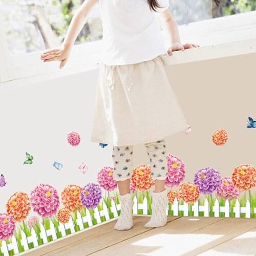 Colorful Dahlia Flowers Wall Stickers Home Garden Fence Butterfly Baseboard Decor Living Room Border Corridor Corner Decals