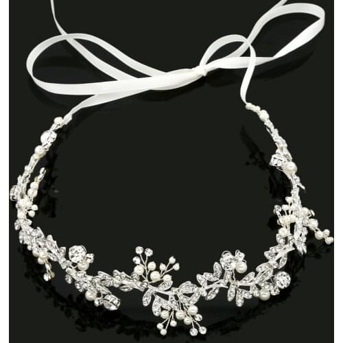 SLBRIDAL Handmade Ribbon Alloy Wired Rhinestones Crystals Pearls Flower Leaf Wedding Headband Bridal Hair Vine Hair Accessories