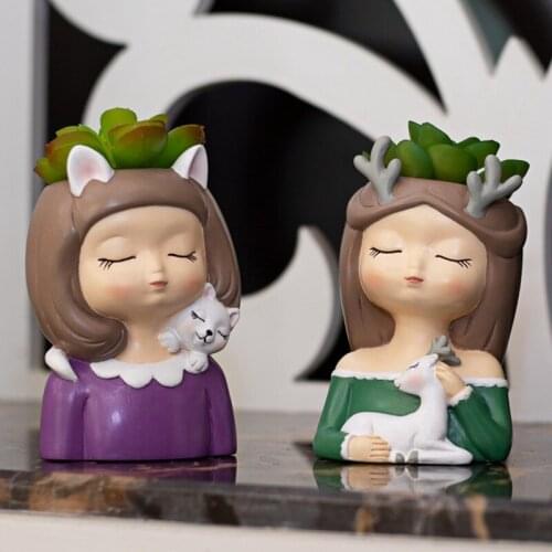 2 PCS Cute Girl Flower Pot Resin Succulent Pot Plant Flower Pot Fashion Girl Head Planter Vase Indoor Outdoor