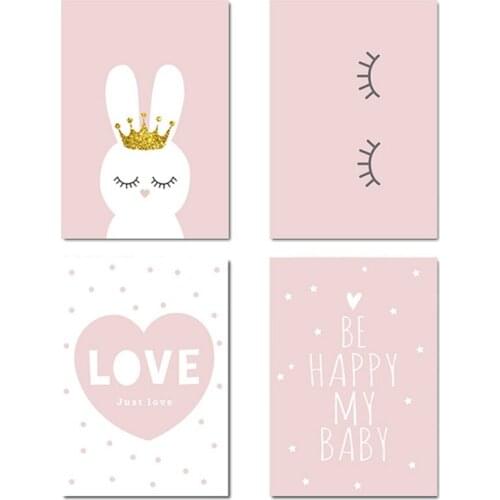 Nursery Wall Art Canvas Poster Minimalist Crown Bunny Print Pink Cartoon Painting Decoration Picture Nordic Baby Girl Room Decor