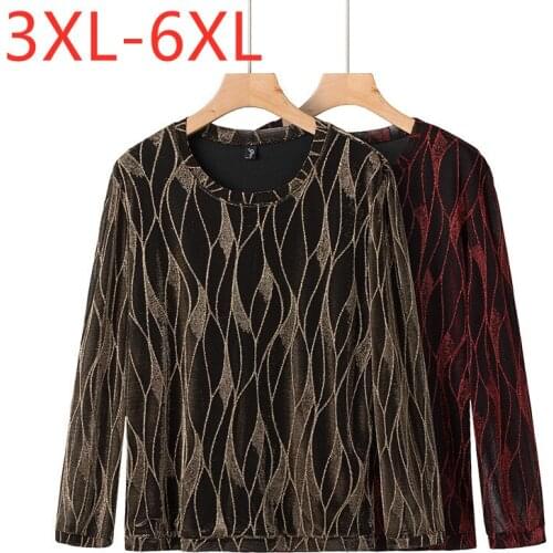 New 2021 Ladies Spring Autumn Plus Size Basic Tops For Women Large Long Sleeve Loose Sequins Red Stripe T-Shirt 3XL 4XL 5XL 6XL