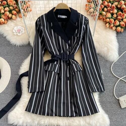 2021 autumn OL temperament shirt skirt suit tie tie waist fashion mid-length striped dress jacket