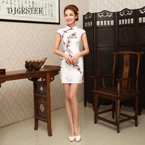 DJGRSTER Summer Cheongsam Vintage Chinese Women Elegant Dress Silk White Embroidery Slim Short Qipao Evening Vestidos Cheongsam
