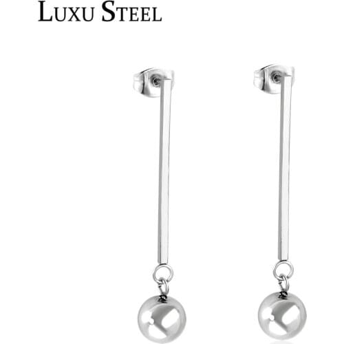 LUXUSTEEL Silver Color Ball Earrings Trendy Style Stainless Steel Long Drop Earrings Wholesale Party Gift