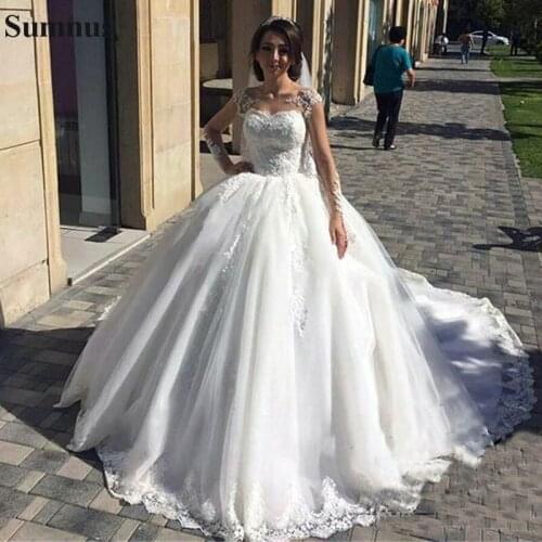 Sumnus Plus Size Ball Gown Wedding Dress Lace Long Sleeve Sequined Arabic African Bridal Gown Robe De Soriee