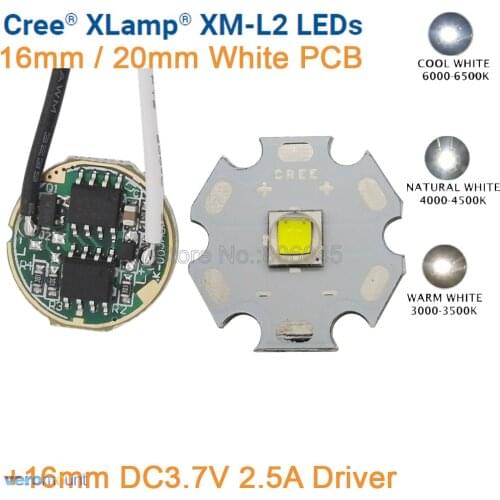 Cree XML XM-L T6 Cool White 6500K Warm White 3000K Neutral White 4500K 10W LED Emitter White PCB+ 16mm DC3.7V 2.5A 5 Mode Driver