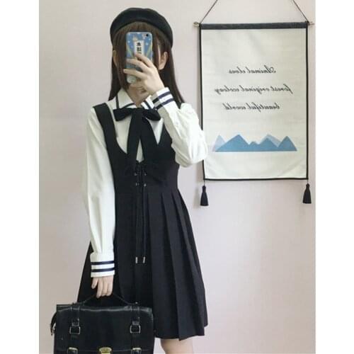 Japanese College JK Uniforms Long-Sleeved Shirt Pleated Suspender Dress Two-Piece Suit Female School Girl Uniform