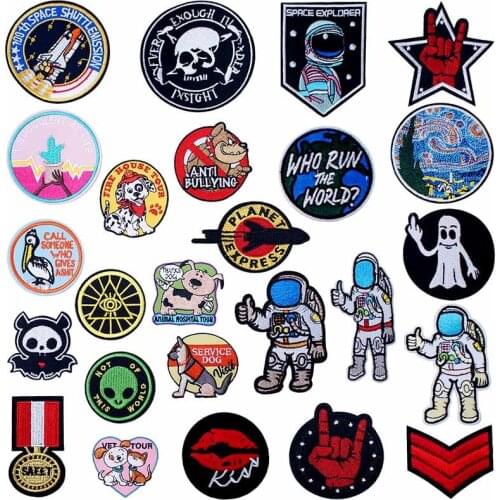 Astronaut Rocket Small Pet Embroidered Iron on Patches for Clothing DIY Stripes Clothes Patchwork Sticker Custom Applique