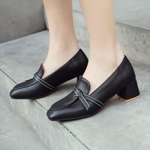 Plus Size 34-46 Office Lady Plus Size Dress Heels Classic Spring Woman Pumps Mid-Heeled with Shallow Mouth Square Head Work Shoe