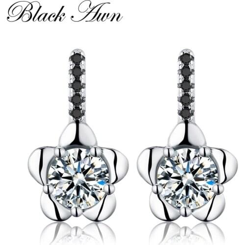 [BLACK AWN] Pure 100% 925 Sterling Silver Jewelry Black Spinel Engagement Stud Earrings for Women Silver 925 Jewelry T077