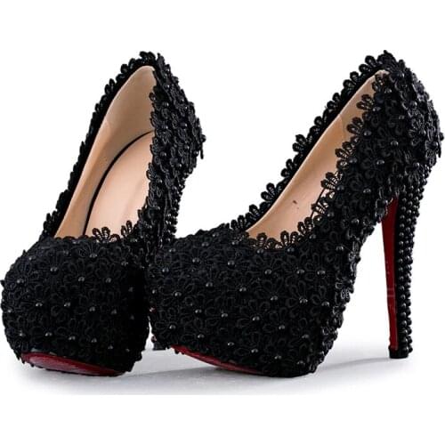 Women 2021 New Black Bride Wedding Shoes Lace Flower Super High Heel Ladies Thin Heels Big Size Pumps Party Dress Shoes