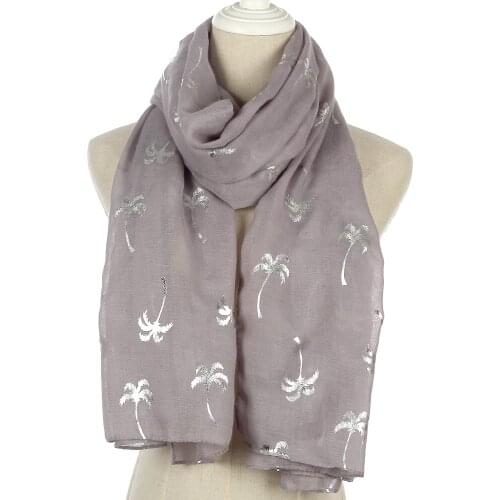 FOXMOTHER 2019 New Spring Summer White Grey Navy Coconut Tree Shiny Silver Foil Scarf Glitter For Womens