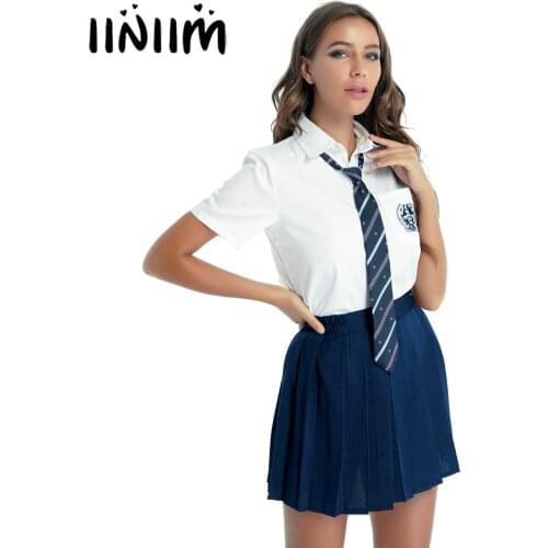 Women Role Play Costume Schoolgirls Student Uniform Cosplay Lingerie Short Sleeve Shirts with Sexy Pleated Skirt Striped Necktie