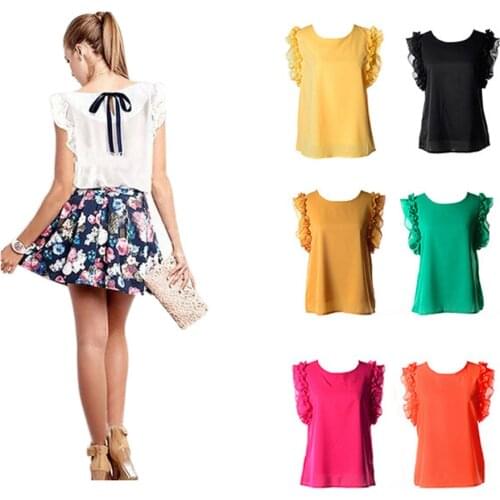 Women O-Neck Lotus Leaf Pullover Chiffon Blouse Female Shirt Women Tops Blusas Femininos Casual Summer Chiffon Shirts