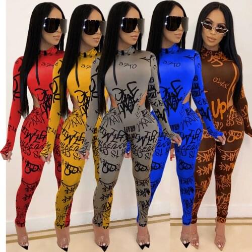 Winter Women Set Full Sleeve Letter Print Tracksuit Bodysuits +Pants Suit Two Piece Set Night Club Party Bandage Outfits GL1205