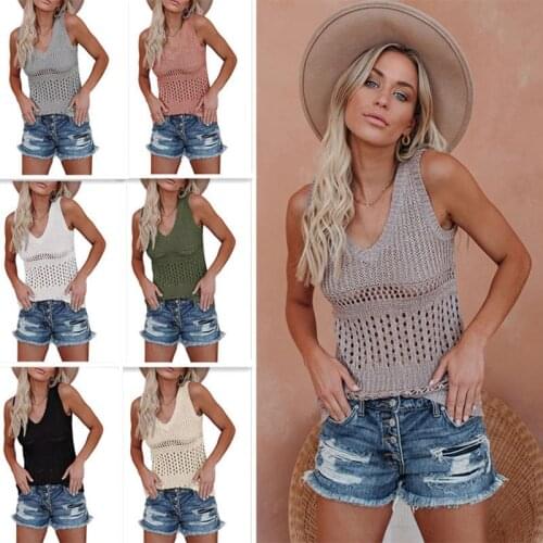 Women Knit Crochet Tank Vest 2021 Summer Hollow Out V-Neck Sleeveless Beach Holiday camisetas mujer Plus Size Boho Sexy Shirt