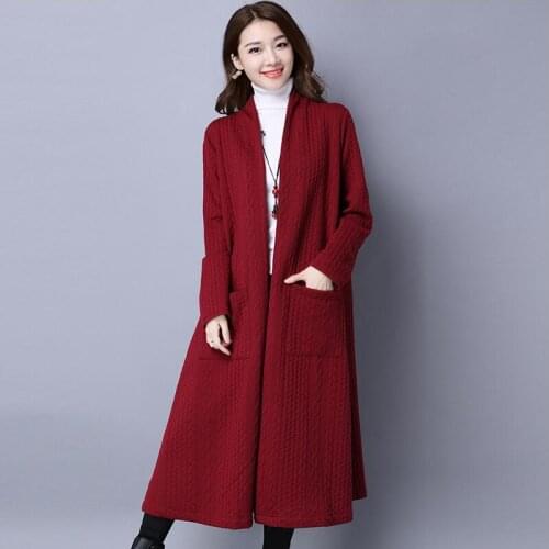 Lady Spring Women Elegant Large Size Casual Loose Cardigan Solid Outerwear Female Sweater Autumn Pockets Long Cardigan Black