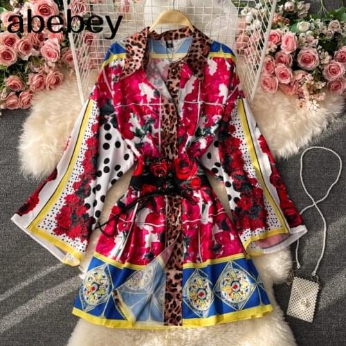 2021 New Summer Fashion turn-down collar flare sleeve Dress high waist lace up waist single breasted print shirt Dress with belt