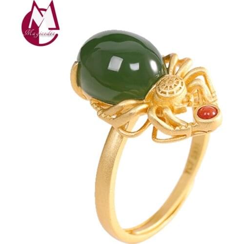 Inlaid Jasper Spider Adjustable Finger Ring Real 925 Sterling Silver Fashion Vintage Fine Jewelry Women 2021 Free Shipping R16