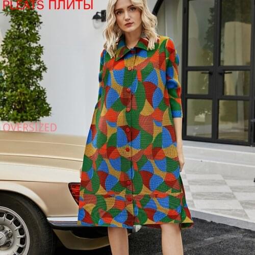 New Temperament Womens MIYAKE Elegant Elastic Loose Geometric Long-sleeved Lapel One-piece Printed Dress Mid-length Dress
