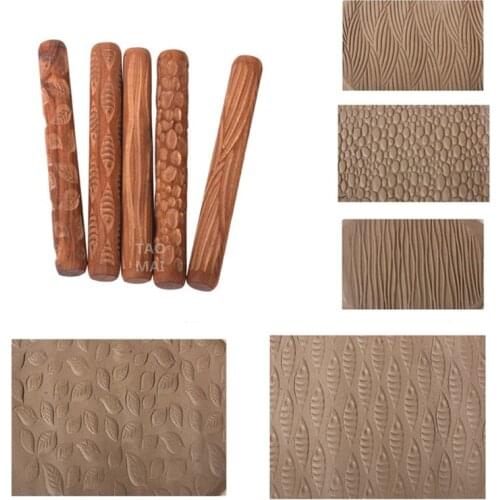 1PCS Pottery Tools Wooden Hand Pressure Roller Sculpture Wood Grain Pattern Relief Stick Mud Roller Clay Polymer Mold