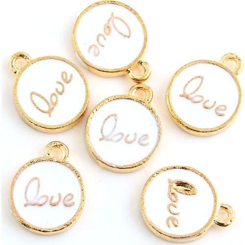 10pcs White Enamel Round Charm Pendants Love Gold Color Alloy beads Jewelry Findings 12x12mm