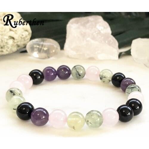 Ruberthen 8MM A Grade Black Tourmaline Prehnit e Bracelet Women`s Rose Crystal Energy Power Bracelet Best Gift for Mother`s Day
