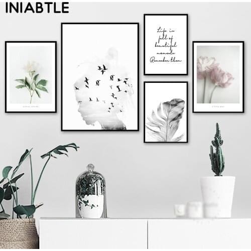 Girl Bird Flower Feather Landscape Wall Art Quotes Canvas Painting Nordic Posters And Prints Wall Pictures For Living Room Decor