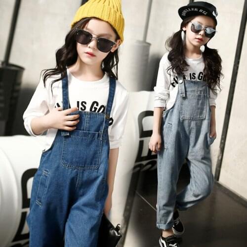 Children denim overalls 2021 spring autumn girls cowboy strap pants kids Jumpsuit 5 6 7 8 9 10 12 13 years baby jeans trousers