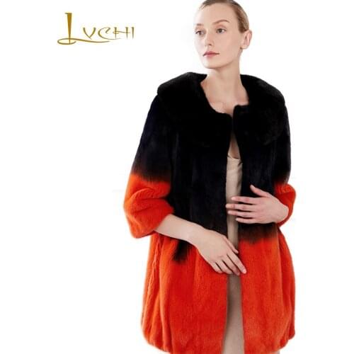 LVCHI Winter 2019 Import Swan Mink Fur Real Natural Fur Coat Loss Mandarin Collar Long Sleeve Medium Gradient Mink Fur Coats