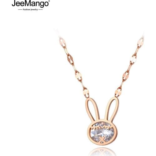 JeeMango Original Titanium Stainless Steel CZ Crystal Choker Necklaces Trendy Rabbit Charm Pendant Necklace For Women JN20022