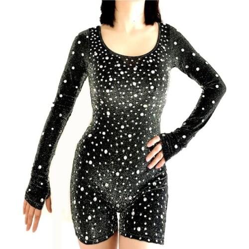 Black Spendex Silver Rhinestones Rompers Evening Birthday Celebrate Leotard Prom Outfit Bar Women Dance Outfit