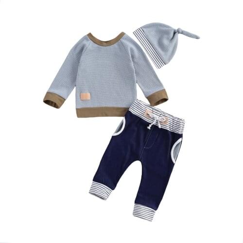 2020 New Fall Autumn 0-24M Toddler Baby Boy Girl 3Pcs Set Long Sleeve Patchwork Top+Waist Striped Pockets Pants+Hat Infant