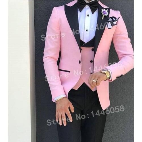 SZ Elegant New Arrival Men Suits 2018 Slim Fit Groomsmen Pink Groom Tuxedos Peaked Lapel Men Prom Suits Wedding Suits 3 Piece