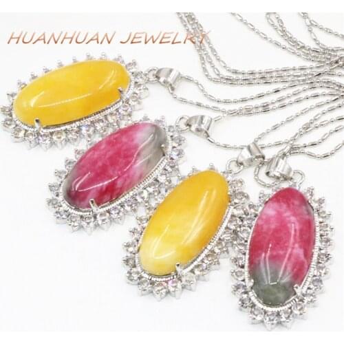 24x42mm Egg Shape Stone Pendant For Women Stainless Steel Chain Necklace Natural Jades Oval Pendants Crystal Inlay Jewelry B3363