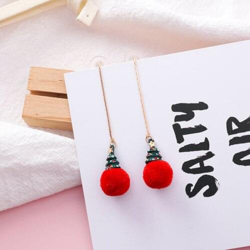 Sweet Long Christmas Tree Hair Ball Earrings Fashion Red Festival Celebrity Costume Jewelry Enchatment Unique Design Trend 10161
