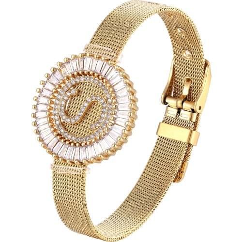 Fashion Stainless Steel Watch Style Bracelet Cubic Zirconia CZ Letter Bracelet Initial Charm Watch Bracelets