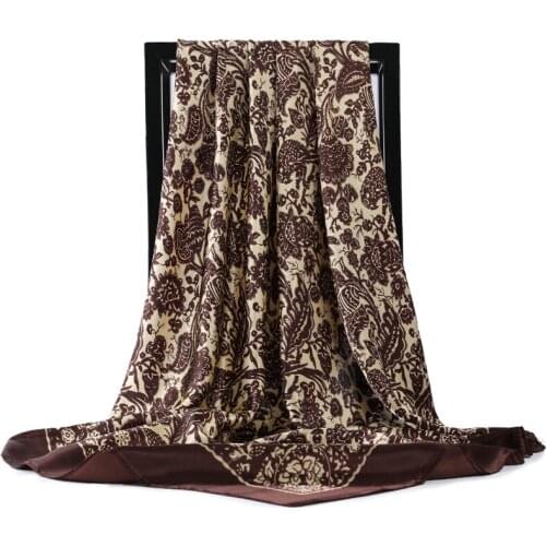 Fahsion Floral Print Hijab Scarf For Women Silk Satin Head Scarfs Female 90*90cm Square Shawls and Wraps Scarves For Ladies 2020
