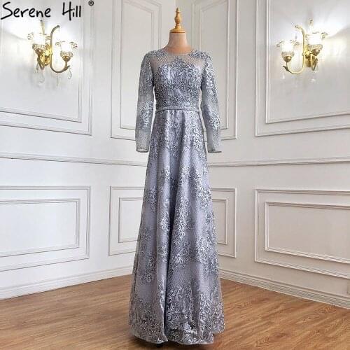 Muslim Grey A-Line Long Sleeves Evening Dresses Gowns 2021 Luxury Beaded Lace For Women Wedding Party BLA71308 Serene Hill
