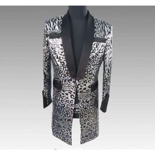 Mens black silver Sequins personality long Blazer uniform Fashion Punk Nightclub Bar DJ Singers Suit Jacket Costumes Trench
