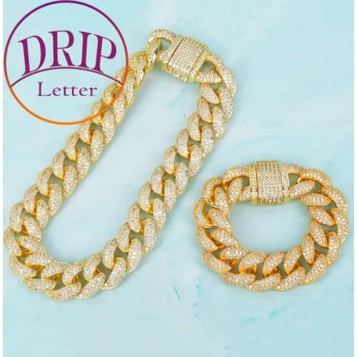 Bracelet & Necklace Set Gold Color Cubic Zirconia 23mm Big Choker Mens Plated Hip Hop Jewelry