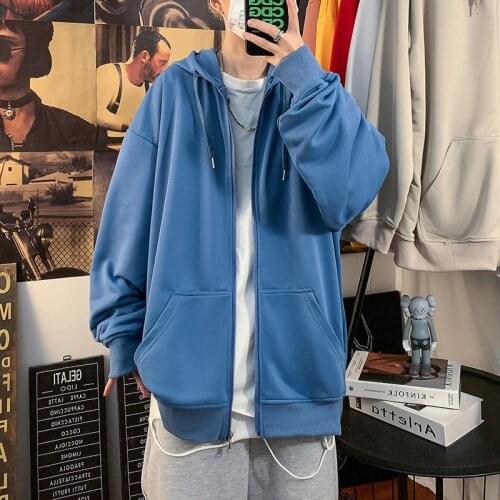 Student Couple Solid Color Hooded Sweater Mens Casual Cardigan Jacket Trend Loose Plus Size Top