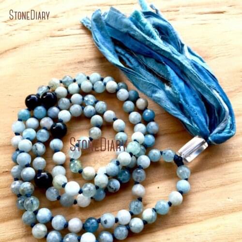 Wholesale Aquamarines Blue Tiger Eye Crystal Quartzs Hand Knotted 108 Beads Mala Necklace With Silk Sari Tassel Pendant NM11092