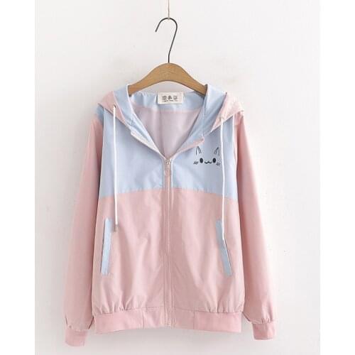 Autumn Kawaii Graphic Zip Up Hoodie Teen Mori Girl Cute Cat Ears Yellow Hooded Sweatshirt Women Zipper Black Pink Thin Coat