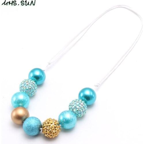 MHS.SUN Baby Kids Chunky Bubblegum Beads Necklace Gift Fashion Blue Round Rhinestone Necklace Adjustable Rope Necklace For Party